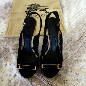 Black suede peep toe platform Burberry heels size 37.5